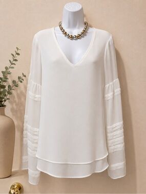 White House Black Market -  Ivory V-Neck Layered Chiffon Blouse